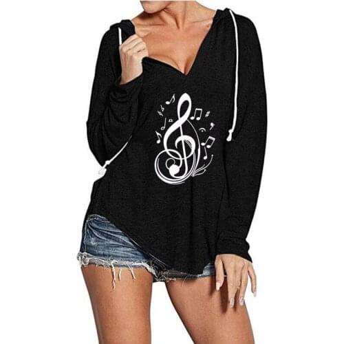 Music Note Moon Star Print V-Neck Plus Size Hoodies Women Autumn Kawaii Hoodies For Female Harajuku Long Sleeve Tops Sweatshirts