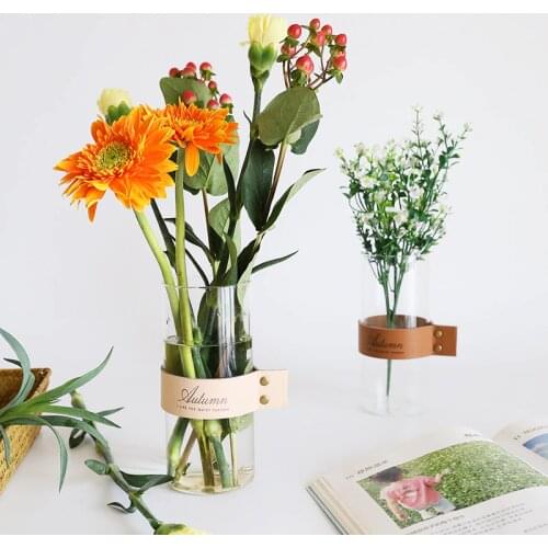1pc Transparent Glass Vase with Leather Case High Quality Flower Vase Home Decor Tabletop Vase