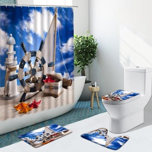 Ship Rudder Lighthouse Beach Vintage Wooden Board Bathroom Curtain Set Non-Slip Rug Flannel Carpet Cover Shower Curtain Bath Mat