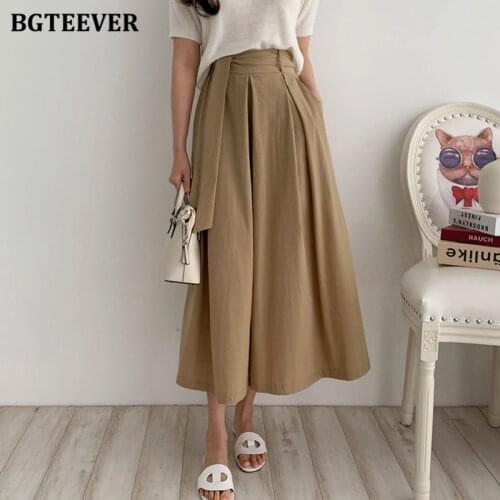 BGTEEVER Vintage Chic High Waist Lace-up Women A-line Skirts 2021 Summer Autumn Casual Loose Pockets Female Solid Long Skirts