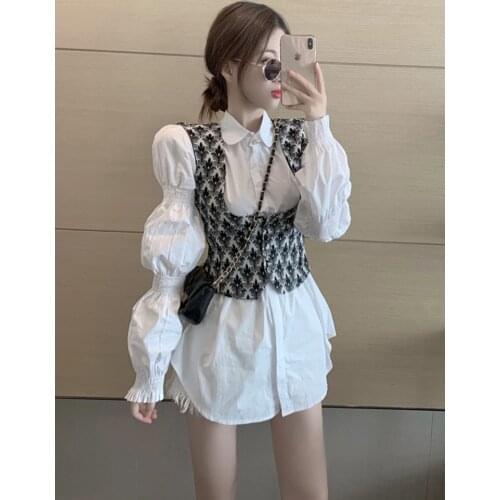 Retro jacquard vest vest design sense long-sleeved shirt womens two-piece spring and autumn light cooked style tops