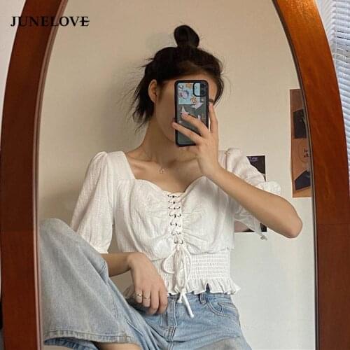 Lace Up Blouse Women Solid Square Collar Short Sleeve Ladies Blusa Shirts Spring 2020 Fashion Casual Female Ruffles Top