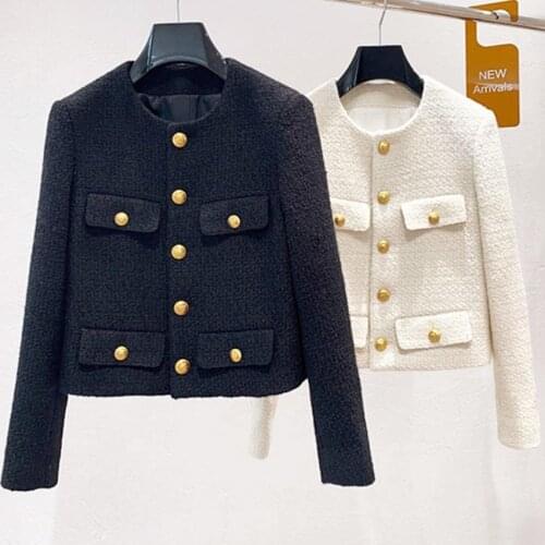 French style autumn small fragracne tweed jacket women o-neck slim single breasted short outwear