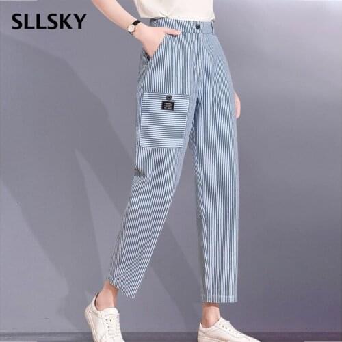 SLLSKY Fashion Stripe Women Ankle-Length Pants Autumn New High Waist Female Wide Leg Pants Pocket Zipper Ladies Straight Pants