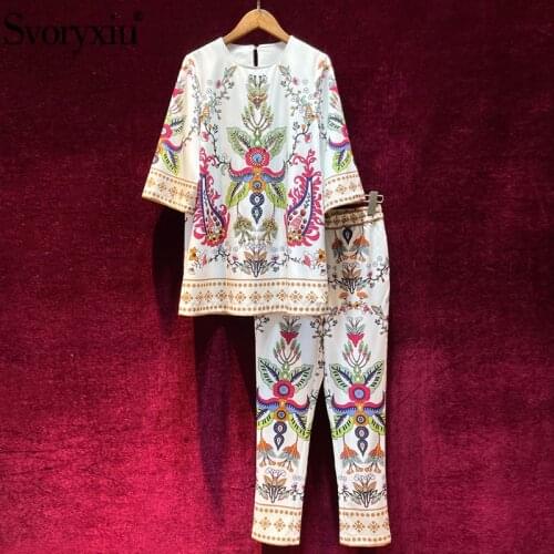 Svoryxiu Runway Fashion Summer Two Piece Set Womens Vintage Flower Print 3/4 Sleeve Blouse + Pants High-End Suits
