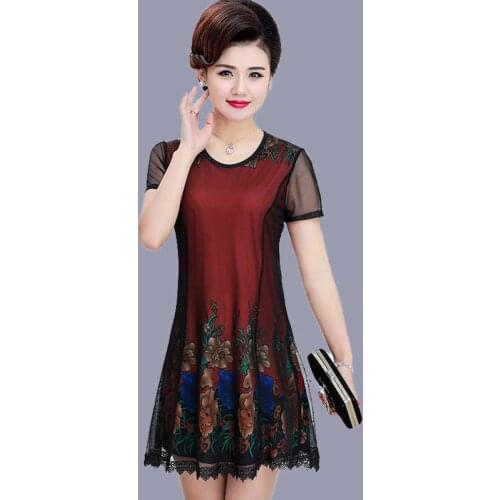 Women 2021 Summer Fashion Short Sleeve Loose Dress Female Middle-aged Lace Dresses Ladies O-neck Printed A-line Vestidos W25