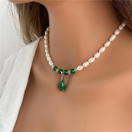Green Agates Pendant Necklace Women Jewelry Natural Freshwater Pearls Choker Female Wedding Accessories Collares Elegant Gifts