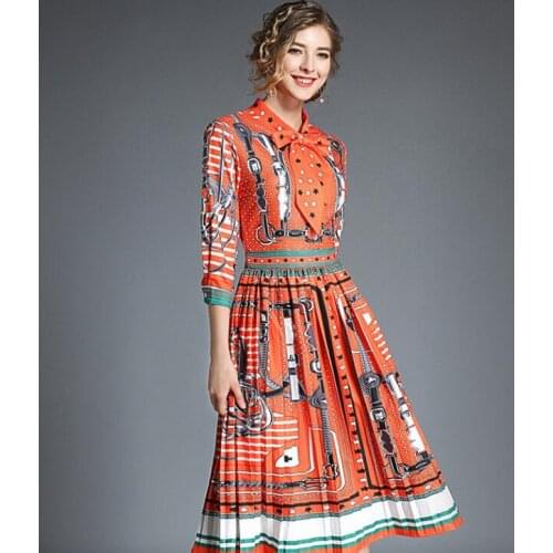 Womens spring summer half sleeve chain print medium dress female high waist bow collar slim dress TB632