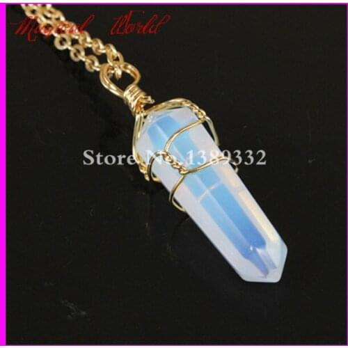 1pcs Natural Gems Druzy Stone Pendant Necklace Gold Color Wire Wrapped Hexagonal Opal Point Pendant Necklace