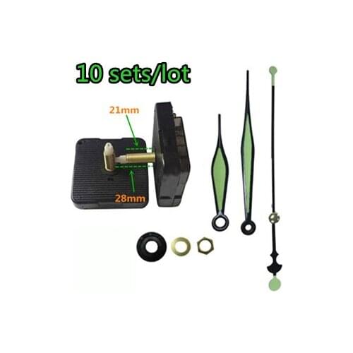 10 sets DIY Quartz Clock Movement Mechanism 28mm shaft Luminous Fluorescent green Hand Wall Clock Replace Repair Parts Kit hook