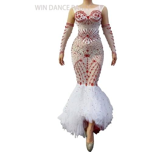 Sparkly Red Rhinestone RufflesTail Long Dress Women Birthday Celebrate Dress Prom Party Dancer Bar Singer Show Dresses