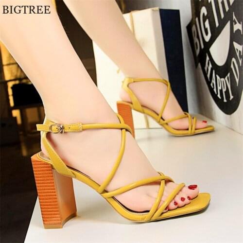 BIGTREE Retro Wood Grain Heel Women Sandals Show Thin Sexy Cross Buckle Open Toe Sandals High Heels Womens Dress Shoes PU