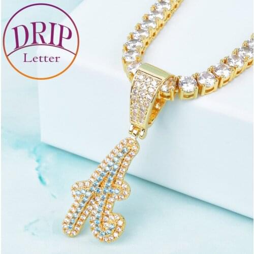 Line Single Letters Cubic Zircon Pendant With Gold Color Tennis Chain Necklace Men Women Hip Hop Rock Jewelry
