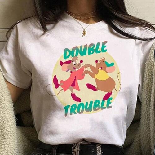 Tops Kawaii Disney Cinderella Jaq and Gus Double Trouble Graphic T-shirt Women Fashion Harajuku Aesthetic White Tshirt Female
