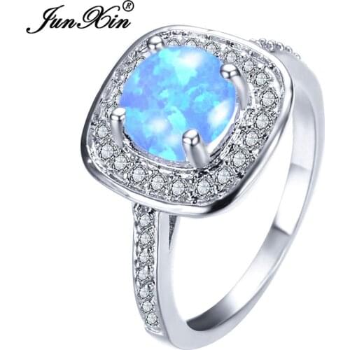 JUNXIN Big Luxury Blue Fire Opal Stone Ring Fashion Simple Geometric Finger Ring Vintage Wedding Rings For Men And Women