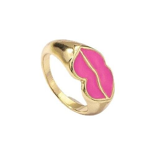 2021 Ins Trendy Gold Enamel Pink Red Lip Minimalism Knuckle Finger Rings Korean Fashion Women Party Jewelry