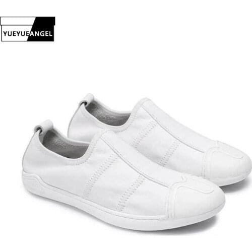 Men Genuine Leather White Sneakers Outdoor Natural Cowhide Loafers Summer Breathable Slip On Flat Casual Shoes Plus Size 38-45