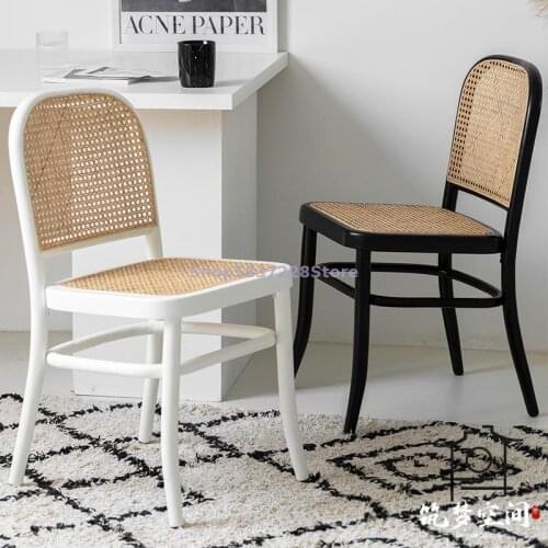 Nordic Solid Wood Rattan Chair Middle Ancient Desk Chair Modern Simple Family Dining Chair Net Red Makeup Armchair