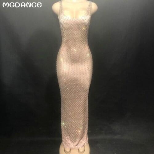 New Women Rhinestones Sparkling Crystals Nightclub Party Stage Wear Costumes Sexy Stage Skin Color Long Dress Sleeveless