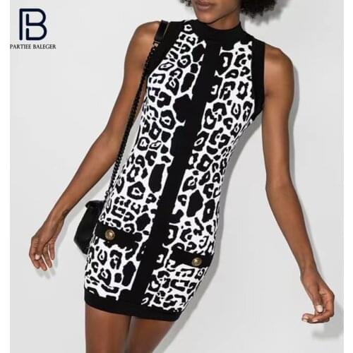 PB Stylish Stand Collar High Waist Large Elasticity Leopard Mini Dress Sexy Sleeveless Celebrity Party Club Bandage Vestido