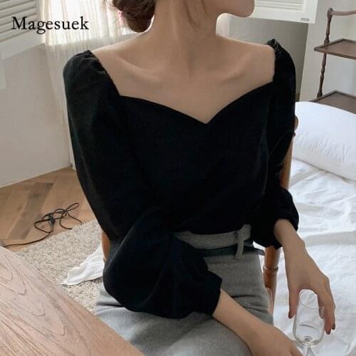 New Sexy Petal Collar Clavicle Shirt Elegant Korean Style Long Sleeve Black Ladies Tops Vintage Blouse Women Blusas Mujer 13101