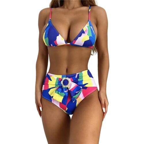 Sexy Women Swimsuit Summer Digital Print Deep V-neck Padded Bikini + High Waist Panties Bathing Suit Womens Swim Wear Biquini