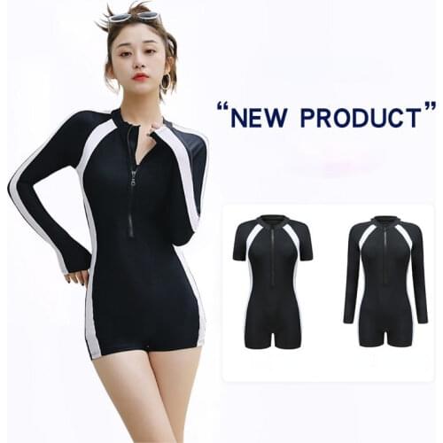 Sports One-piece Swimsuit Ladies Conservative New Hot Spring Swimsuit 2021 Long-sleeved Solid Color Womens Swimwear One Piece