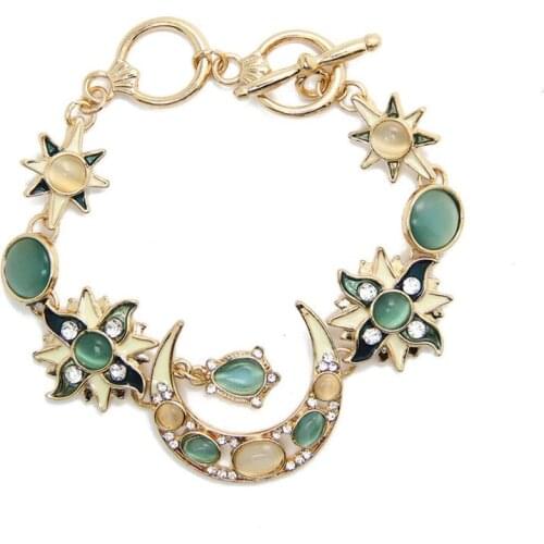 FYJS Unique Light Yellow Gold Color Sun and Moon Cat Eye Stone Link Chain Bracelet Classic Style Jewelry