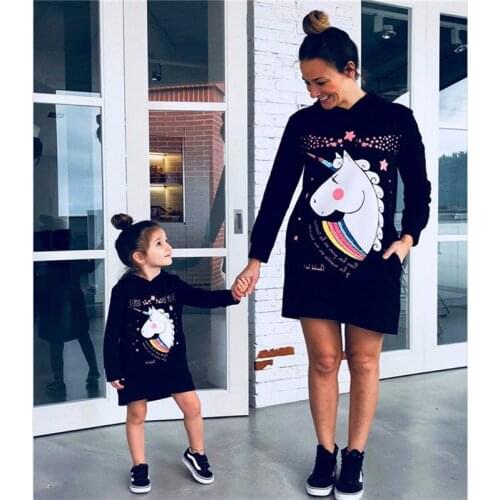 Spring Family Matching Clothes Cartoon Print Mother Daughter Dress Mommy and Me Hooded Sweatshirt Kids Dresses for Girls