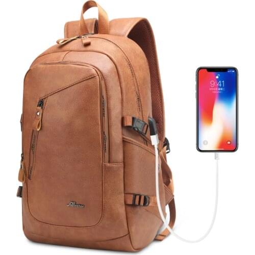 Large Capacity Laptop Backpack Men Women Leather PU Waterproof Backbag Travel Business USB Charger Daypack Student School Bag