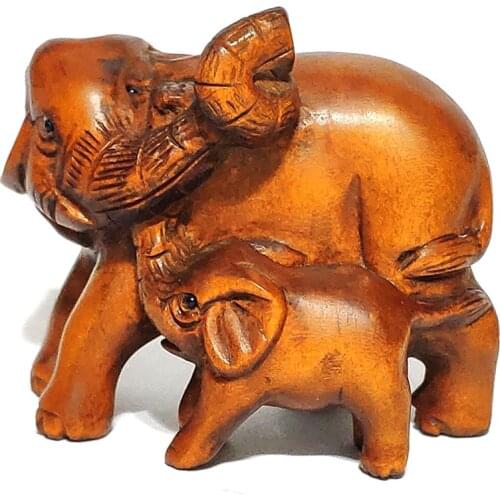 Y7211 - 2" Hand Carved Japanese Boxwood Nettsuke Figurine Carving: Elephant Mom and Kid