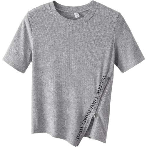 Black White Zipper Short Sleeve Printed Letters Plus Size Spring Summer Vintage Clothes For Women Oversized T-Shirt Tops 2021