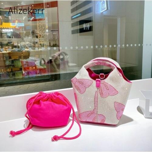 Bow Pattern Rhinestone Bucket Clutch Purse Women New Luxury Designer Novelty Diamond Evening Party Shoulder Bag Cute Fashionable