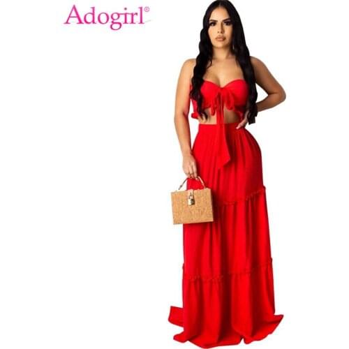 Adogirl Women Two Piece Set Long Linen Cotton Dress Suit Ruffle Lace Up Tube Top Maxi Skirt 2020 Summer New Fashion Beach Outfit