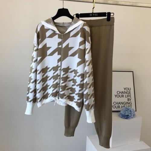 2021 New Spring Autumn Hooded Sweater Cardigans + Pants 2 Piece Set Knitting HoundstoothTracksuit Women Plaid Jacekts Suits