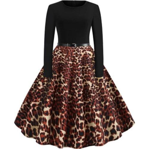 Vestidos Autumn Winter Ladies Dress 2021 New Fashion Temperament Vintage Leopard Round Neck Long Sleeve Womens Dresses NBH236
