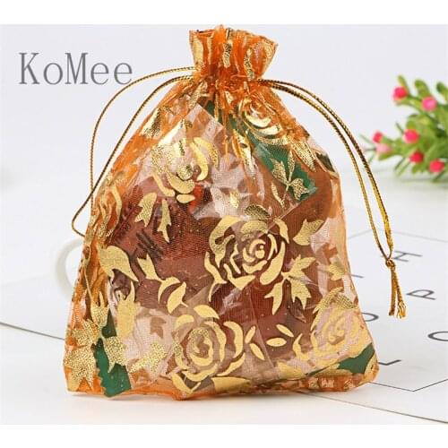 100pcs/lot Rose Print Organza Bags 15x20cm Orange Party Favor Candy Boutique Packaging Bags Organza Drawstring Gift Bag Pouches