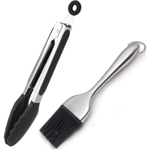 2pc Silicone BBQ Tongs Basting Brush Set Oil Brush Kitchen Tongs BBQ Grill Food Meat Tongs Barbecue Tongs Oil Sauce Brushes Tool