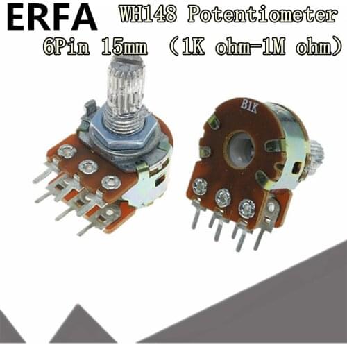 2pcs WH148 B1K B2K B5K B10K B20K B50K B100K B500K 6Pin 15mm Shaft Amplifier Dual Stereo Potentiometer 1K 2K 5K 10K 50K 100K 500K