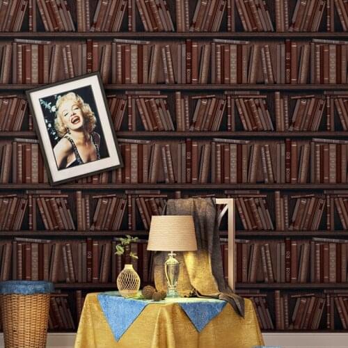 Beibehang Personality bookcase brown wallpapers American retro wall effect wallpapers Living room study background 3d wallpaper