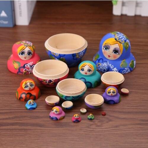 10pcs/set Wood Russian Nesting Dolls Matryoshka Dolls Hand Paint Blue Girls Pattern Handmade Crafts for Kids Gifts Crafted Doll