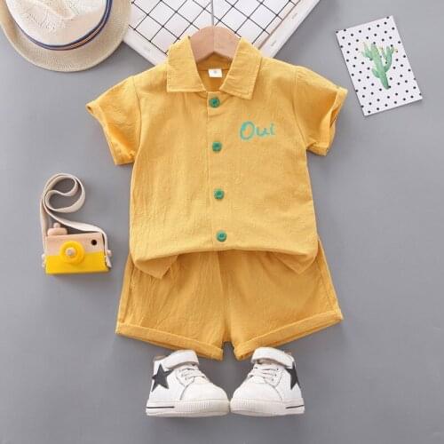 Childrens Clothing 2021 Summer New Baby Boys Girls letter Short Sleeve Lapel Top+Shorts 2- Piece Solid Suit Flax