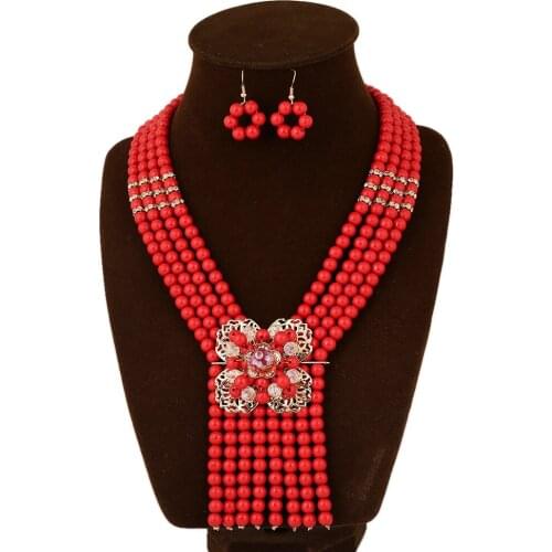 DiLiCa Trendy Simulated Pearl Jewelry Sets for Women Statement Necklace Set Earrings African Bridal Jewelry Sets Red Blue