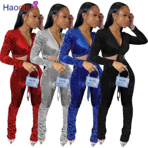 HAOOHU Winter Women sets sexy V-neck Full Sleeve Crop Top +stacked Pants Solid Two Piece Sets Velvet Night Club Outfits