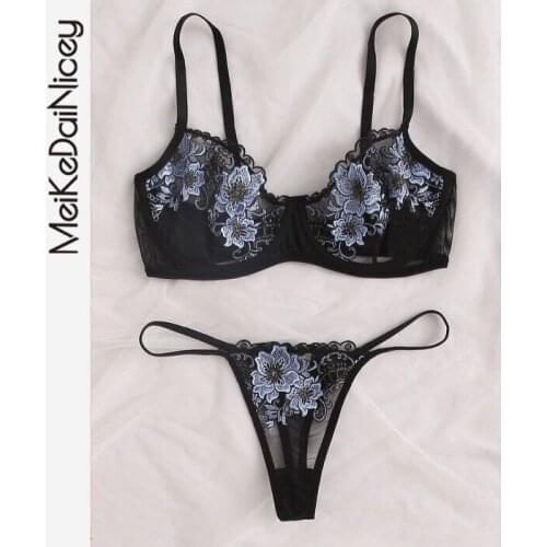 MeiKeDaiNicey Lingerie Sexy Set Woman 2Pcs Floral Embroidery Lingerie Set Lace Underwear Set Underwire Push Up Bra Underwear