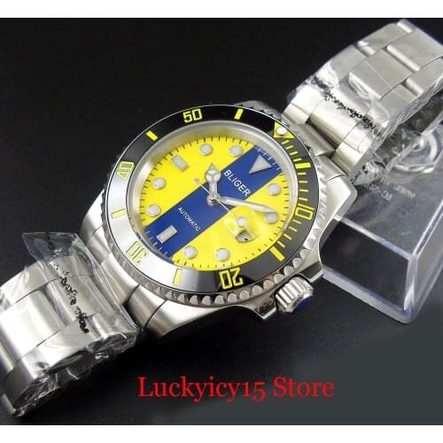 Dress BLIGER Mechanical Wristwatch Yellow Dial Mental Strap Sapphire Glass Ceramic Bezel Date Window MIYOTA Movement 40mm