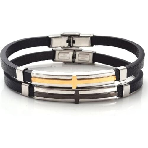 Trendy Couple Stainless Steel Cross Leather Braceletes For Women And Men Fashion Jewelry Accessories Gifts
