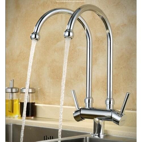 New arrival High quality brass chrome finished double pipe 360 degree rotating hot and cold no lead safe kitchen sink faucet