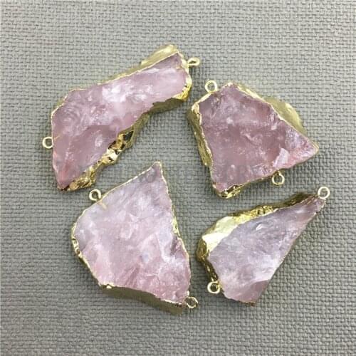 Freeform Pink Crystal Quartz Connector Charm,Roses Quartz Druzy Gold Color Cladding Double Bails Necklace Pendant MY1516