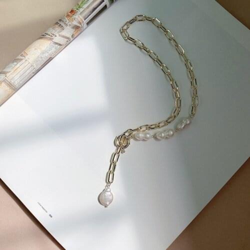Origin Summer Temperament Irregular Pearl Asymmetric Necklace for Women Elegant Gold Chunky Link Chain Chokers Necklaces Jewelry